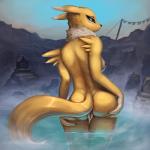 1:1 2016 anthro bandai_namco black_nipples black_sclera blue_eyes blue_sky breasts butt butt_pose canid canine day detailed_background digimon digimon_(species) digital_media_(artwork) digital_painting_(artwork) dipstick_ears dipstick_tail female fur genitals glistening glistening_tail hand_on_butt hi_res hokora holding_butt hot_spring legs_together looking_at_viewer looking_back mammal markings multicolored_ears neck_tuft nipples nude outside partially_submerged photonoko portrait pose presenting presenting_hindquarters presenting_pussy pussy rear_view renamon shrine side_boob sky solo spread_butt spreading standing steam tail tail_aside tail_markings thigh_gap three-quarter_portrait tuft water wet wet_body wet_fur yellow_body yellow_fur