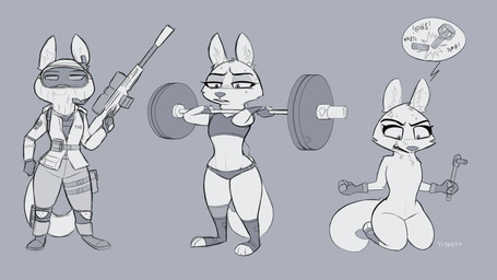 anthro balaclava barbell belt biped bodily_fluids bolt_(fastener) cheek_tuft clothed clothing cross-popping_vein earbuds electronics exercise eyewear facial_tuft female fingerless_gloves footwear gloves goggles grey_background gun half-closed_eyes handwear head_tuft headgear headphones headset holding_gun holding_object holding_ranged_weapon holding_weapon kneeling mask midriff mostly_nude multiple_poses narrowed_eyes portable_music_player pose pouch_(clothing) ranged_weapon rifle scope shoes simple_background sniper_rifle socket_wrench solo speech_bubble standing straps sweat text toeless_footwear toeless_shoes tools tuft weapon weightlifting workout wrench yitexity disney zootopia skye_(zootopia) arctic_fox canid canine fox mammal true_fox 2019 absurd_res english_text greyscale hi_res monochrome pictographics signature