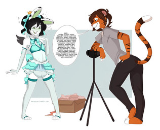 anthro black_hair bodily_fluids box brown_hair camera clean_diaper clothed clothing container crown crystal diaper dress duo fur genital_fluids hair hand_on_hip headgear hypnosis implied_peeing male mind_control modelling orange_body orange_fur peeing photographer text wearing_diaper merunyaa ryhn felid lagomorph leporid mammal pantherine rabbit tiger english_text hi_res