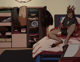 anthro backpack book box clothing container eyewear footwear glasses hooves horn inside male reading shirt socks solo t-shirt tail topwear underwear assontoast noel_(mr_doc) deer mammal hi_res