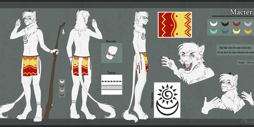 african anthro border bottomwear bracelet claws clothing fur grey_border jewelry loincloth male solo staff tattoo white_body white_fur lunciakkk macter felid lion mammal pantherine absurd_res hi_res model_sheet