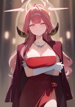 arm_under_breasts armwear big_breasts blurred_background blush breasts cleavage clothed clothing coat collar collarbone dress ear_piercing ear_ring elbow_gloves female glistening glistening_hair gloves hair half-closed_eyes halo handwear horn long_hair narrowed_eyes piercing red_clothing red_coat red_dress red_hair red_topwear ring_piercing smile solo sparkles topwear white_clothing white_gloves white_handwear yellow_eyes melreon blue_archive nexon aru_rikuhachima demon demon_humanoid horned_humanoid humanoid hi_res