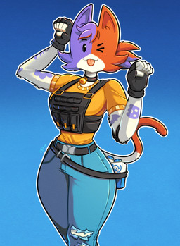 anthro bell bell_collar belt blep bottomwear breasts brown_body brown_fur bulletproof_vest clothing collar denim denim_bottomwear denim_clothing dot_eyes eyelashes female fingerless_gloves fur gloves handwear head_tuft jeans multicolored_body multicolored_fur one_eye_closed pants purple_body purple_fur shirt simple_eyes smile solo tattoo tongue tongue_out topwear torn_bottomwear torn_clothing torn_jeans torn_pants tuft white_body white_fur wide_hips wink roboticsteve epic_games fortnite cate_meowdy calico_cat domestic_cat felid feline felis mammal 2026 absurd_res hi_res