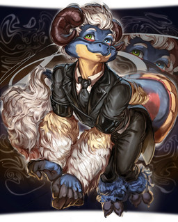 accessory anthro biped butler clothing fluffy fluffy_tail fur heterochromia horn male necktie solo suit tail lokibara mythology tobias_galloway dragon furred_dragon furred_scalie hybrid mythological_creature mythological_scalie scalie absurd_res hi_res