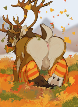 all_fours anthro antlers anus autumn backsack balls butt clothing cloven_hooves countershade_butt countershade_tail countershading falling_leaves genitals hooves horn leaf leaf_in_mouth leaves_on_ground legwear looking_at_viewer looking_back looking_back_at_viewer male male_anthro mostly_nude mostly_nude_anthro mostly_nude_male outside presenting presenting_anus presenting_hindquarters rear_view smile solo tail thigh_highs likanen deer mammal new_world_deer reindeer 2022 hi_res