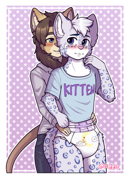 ageplay anthro blue_clothing blue_eyes blue_shirt blue_t-shirt blue_topwear blush bottomwear brown_hair clothed clothing diaper duo facial_spots front_view fur glistening glistening_eyes grey_body grey_bottomwear grey_clothing grey_fur grey_hair grey_pants hair infantilism male male_anthro markings mouth_closed pants pattern_background pattern_diaper pink_nose roleplay shirt short_hair simple_background smile spots spotted_arms spotted_face spotted_legs spotted_markings spotted_tail standing t-shirt tail tail_markings tan_body tan_fur topwear wearing_diaper white_body white_clothing white_diaper white_fur white_topwear riddlr felid lion mammal pantherine snow_leopard absurd_res hi_res