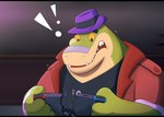 anthro biped clothing electronics exclamation_point game_console green_body hat headgear headwear humanoid_hands male shirt slightly_chubby solo surprise switch_console topwear changedbass brok_the_investigator cowcat_games nintendo nintendo_switch brok_(brok_the_investigator) alligator alligatorid crocodilian reptile scalie broken 2023 hi_res