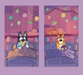age_difference anthro bed bed_sheet bedding bedroom black_eyes black_nose blue_body blue_ears blue_fur brown_nose duo female fur furniture holding_object holding_plushie inside looking_at_object looking_up multicolored_body multicolored_fur on_bed orange_body orange_ears orange_fur pillow plushie sitting sitting_on_bed smile under_covers yellow_body yellow_fur young young_anthro young_female younger_female shaibey bluey_(series) bingo_heeler bluey_heeler floppy_(bluey) australian_cattle_dog canid canine canis cattledog domestic_dog herding_dog mammal pastoral_dog 2023 digital_media_(artwork) procreate_(artwork) sketch