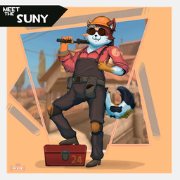 anthro armor belt boots bottomwear clothing eyewear footwear fur goggles hand_on_hip headgear helmet inner_ear_fluff knee_pads male multicolored_body multicolored_fur neck_tuft overalls pants shoes solo tail teeth tools tuft wrench mvikt team_fortress_2 valve engineer_(team_fortress_2) domestic_cat felid feline felis mammal 1:1 hi_res