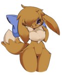 accessory anthro bow_(feature) bow_ribbon chest_tuft dipstick_tail eyelashes female feminine feminine_pose hair_accessory hair_bow hair_ribbon leg_tuft markings nude ribbons solo tail tail_markings thigh_tuft tuft honowyn nintendo pokemon eevee generation_1_pokemon pokemon_(species) hi_res