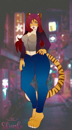 4_toes anthro barefoot bent_arm biped blue_bottomwear blue_clothing blue_pants blurred_background bottomwear breasts brown_stripes building claws clothed clothed_anthro clothed_female clothing dipstick_tail eyebrows eyelashes feet female finger_claws fully_clothed fully_clothed_anthro fully_clothed_female fur grey_clothing grey_topwear hair half-closed_eyes hand_on_hip hand_on_leg hand_on_own_hip hand_on_own_leg hand_on_own_thigh hand_on_thigh iytsude jacket light lips long_hair long_tail markings medium_breasts multicolored_body multicolored_fur multicolored_tail narrowed_eyes open_clothing open_jacket open_mouth open_smile open_topwear orange_body orange_fur pants paws photo_background pink_nose pockets purple_clothing purple_jacket purple_topwear red_claws red_eyebrows red_hair red_lips sign smile solo standing striped_markings striped_tail stripes tail tail_markings tan_body tan_fur tan_tail_tip text thick_thighs toe_claws toes topwear white_claws shianko felid mammal pantherine tiger 2018 artist_name colored digital_drawing_(artwork) digital_media_(artwork) english_description hi_res lighting mixed_media photography_(artwork)