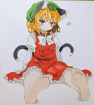 2_tails 5_toes animal_humanoid barefoot chen_(touhou) clothed clothing dress feet female foot_focus hat headgear headwear humanoid humanoid_feet multi_tail plantigrade ribbons seika_okawari simple_background sitting soles solo tail toes touhou