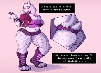 4_fingers 4_toes anthro big_breasts big_butt bottomwear bracelet breasts butt clothed clothing crop_top curvy_figure feet female fingers fishnet_clothing fishnet_legwear floppy_ears footwear fur horn hotpants huge_breasts jacket jewelry legwear long_ears mature_anthro mature_female midriff motion_lines muffin_top navel open_mouth overweight overweight_anthro overweight_female red_eyes shirt shorts solo standing text thick_thighs toes topwear voluptuous white_body white_fur wide_hips sharkrags undertale undertale_(series) toriel boss_monster_(undertale) bovid caprine mammal english_text hi_res