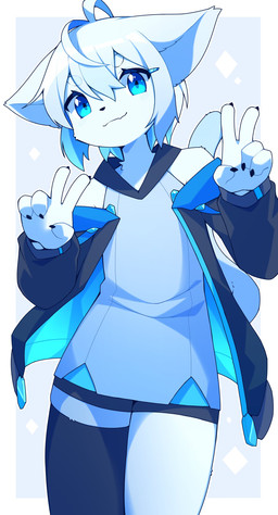 5_fingers anthro bare_shoulders blue_eyes blush blush_lines bottomwear circle_eyebrows claws closed_smile clothing eyebrows fingers fur gesture hair hand_gesture hotpants legwear looking_at_viewer male mouth_closed shorts simple_background smile solo thigh_highs v_sign white_body white_fur white_hair devil-vox a-01_(devil-vox) domestic_cat felid feline felis mammal 2021 absurd_res hi_res