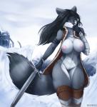 anthro armor big_breasts black_hair black_nose blue_eyes breasts clothed clothing coat female genitals hair ice jewelry legwear melee_weapon nude open_clothing open_coat open_topwear pussy snow solo sword topwear weapon redwix sila_dione mammal procyonid raccoon absurd_res digital_media_(artwork) hi_res