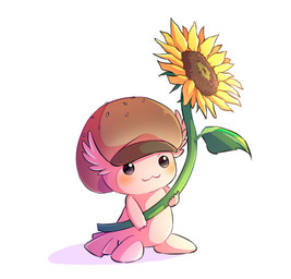 :3 anthro beady_eyes blush chibi clothing flower hat headgear headwear pink_body plant simple_background solo sunflower white_background kayaxxxra bandai_namco digimon digimon_(species) ebiburgermon