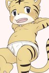 anthro briefs clothed clothing fangs fur half-closed_eyes hands_behind_head looking_at_viewer lying male narrowed_eyes navel nipples on_back open_mouth pawpads slightly_chubby slightly_chubby_male solo stripes teeth tighty_whities tongue underwear underwear_only white_briefs white_clothing white_underwear yellow_body yellow_fur young young_anthro shomunona shimajiro felid mammal pantherine tiger 2023 2:3