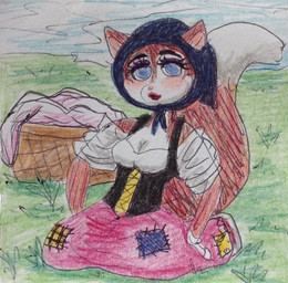 anthro basket biped black_clothing black_headscarf black_topwear blue_eyes blush bottomwear closed_smile clothed clothed_anthro clothed_female clothing cloud container day eyelashes eyeshadow female female_anthro fully_clothed gloves grass handwear headscarf kneeling lipstick looking_at_viewer makeup mouth_closed outside picnic pink_bottomwear pink_clothing pink_skirt plant purple_eyeshadow red_lipstick skirt sky smile solo topwear white_clothing white_gloves white_handwear white_topwear puku83 roxanne_(puku83) canid canine fox mammal true_fox 2016 colored_pencil_(artwork) english_description graphite_(artwork) traditional_media_(artwork)