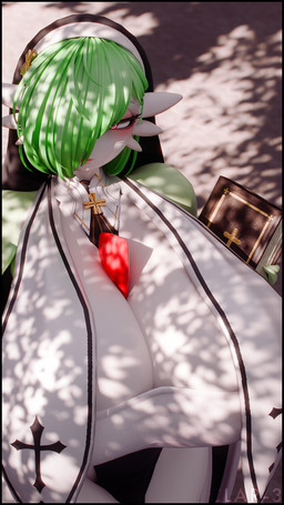 bangs bible_(object) big_breasts black_border book border breasts cleavage clothed clothing cross female green_hair hair hair_over_eye half-closed_eyes holding_book holding_object huge_breasts light narrowed_eyes nun nun_habit nun_outfit outside pokemorph religious_clothing short_hair solo sunlight yellow_eyes thenicedragon bom39_(modeler) nintendo pokemon gardevoir generation_3_pokemon humanoid pokemon_(species) 3d_(artwork) 9:16 digital_media_(artwork) hi_res watermark