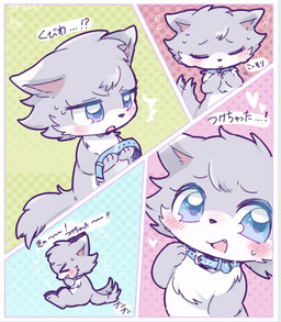 >_< chibi collar collar_only eyes_closed female feral holding_collar holding_object kemono nude solo text 10sqkack domestic_cat felid feline felis mammal japanese_text translation_request