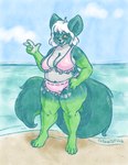 anthro beach big_breasts big_ears big_tail bikini breasts cleavage clothed clothing female fluffy fluffy_tail freckled_face freckles gradient_eyes green_body grey_body hair hand_on_hip heterochromia huge_breasts looking_at_viewer multicolored_eyes navel overweight pink_bikini pink_clothing pink_swimwear sea slightly_chubby smile solo swimwear tail two-piece_swimsuit water white_hair conditional_dnp octavetothink connie_(octavetothink) mammal rodent sciurid tree_squirrel 2024 absurd_res digital_drawing_(artwork) digital_media_(artwork) hi_res