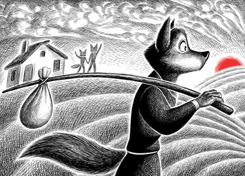 anthro bag bindle branch building clothed clothing cloud cloudy_sky detailed_background fully_clothed gesture goodbye group house leaving male outside side_view sky sun sunset tail trio nikraccoom canid canine canis mammal wolf cross-hatching detailed hatching_(art) hi_res monochrome shaded