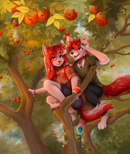 anthro birthmark bottomwear bracelet branch canopy climbing_tree clothing denim denim_bottomwear denim_clothing duo family feet female food fruit fruit_tree gesture hand_gesture hindpaw jeans jewelry leaf male markings pants paws plant pointing pointing_at_object shorts smile sweater topwear tree kidaoriginal legend_of_ahya michael_thumpings_(darkflamewolf) nina_thumpings_(darkflamewolf) canid canine canis mammal wolf hi_res brother_(lore) brother_and_sister_(lore) sibling_(lore) sister_(lore)