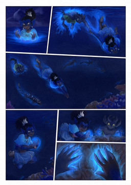 5_fingers anthro black_body black_fur clothed clothing cloud dark_body ear_fins female fin fingers fur grey_body magic moon night partially_submerged sea sky smile split_form swimming tail underwater water bjekkergauken mythology imbali_(bjekkergauken) aquatic merfolk unknown_species 2026 colored comic hi_res
