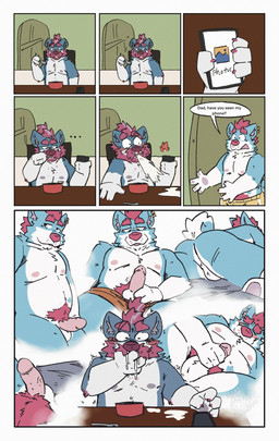 age_difference anthro balls beard blue_body blue_fur blush butt cereal dialogue duo ear_piercing electronics erection facial_hair food fur genitals hair holding_object holding_phone looking_at_object looking_at_phone looking_at_porn lying male male/male masturbation mature_anthro mature_male milk mustache nipples nude nude_male on_front penile penile_masturbation penis perineum phone piercing pink_hair pornography pose presenting presenting_hindquarters presenting_penis pubes seductive slightly_chubby slightly_chubby_male speech_bubble spit-take text wide_eyed quejumbrosoalex alexx_(quejumbrosoalex) francisco_manuel canid canine canis domestic_dog herding_dog husky mammal nordic_sled_dog pastoral_dog spitz welsh_corgi comic english_text hi_res multiple_images father_(lore) father_and_child_(lore) father_and_son_(lore) parent_(lore) parent_and_child_(lore) parent_and_son_(lore) son_(lore)