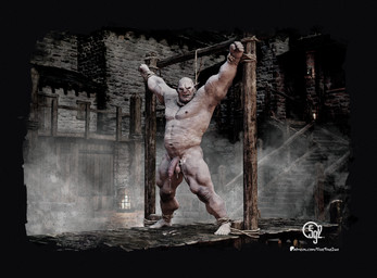balls bodily_fluids bound captured cum fantasy flaccid foreskin gallows genital_fluids genitals male medieval muscular muscular_male navel nipples nude pecs penis prisoner restraints solo unretracted_foreskin vein veiny_penis 5ive9ine2wo orc absurd_res hi_res