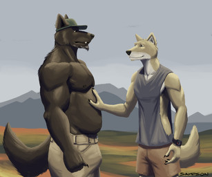 anthro black_nose bottomwear brown_body brown_fur clothed clothed_anthro clothed_male clothing duo fur hat headgear headwear male male/male musclegut muscular muscular_anthro muscular_male nipples shirt shorts smile tail tan_body tan_fur tank_top topless topless_anthro topless_male topwear sampsonwoof canid canine canis mammal wolf hi_res
