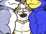 anthro anthro_on_anthro barazoku beak big_muscles black_nose blue_body blue_feathers blush bodily_fluids clothed clothing countershading eyebrows face_squish feathers fur grey_background grey_body grey_fur group hair male male/male manwiched muscular muscular_anthro muscular_male nude open_mouth pecs red_body red_feathers sandwiched shirtless simple_background smile squish standing sweat teeth teeth_showing toony topless trio tuft wet wet_body wet_feathers wet_fur wizzdono nintendo star_fox falco_lombardi fox_mccloud wolf_o'donnell avian bird canid canine canis falcon falconid fox mammal wolf 2022 signature