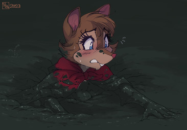 anthro blue_eyes blush bodily_fluids breasts brown_body brown_fur buckteeth cloak clothing eyebrow_through_hair eyebrows eyelashes eyelashes_through_hair female fur hair logo mud muddy partially_submerged peril quicksand sinking solo struggling stuck sweat sweatdrop teeth translucent translucent_hair doronkomajo don_bluth the_secret_of_nimh mrs._brisby mammal mouse murid murine rodent wood_mouse 2023 artist_logo dated