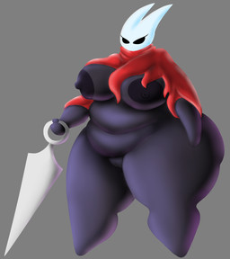 anthro areola belly big_breasts black_body bottomless breasts butt clothed clothing curvy_figure female genitals grey_background huge_breasts melee_weapon nipples nude overweight overweight_anthro overweight_female sewing_needle simple_background solo standing sword thick_thighs voluptuous vulva weapon wide_hips soilbash hollow_knight_(franchise) team_cherry hornet_(hollow_knight) animal_humanoid arthropod humanoid insect digital_media_(artwork) hi_res