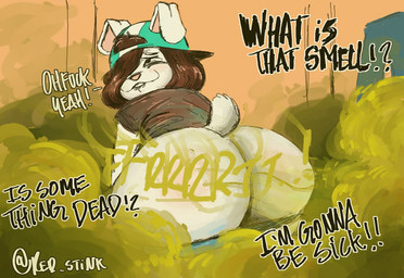 anthro backwards_baseball_cap backwards_hat baseball_cap bite biting_lip biting_own_lip bottomwear bottomwear_down brown_hair butt clothed clothing dialogue fart fart_cloud fart_fetish female fur green_fart_cloud hair hair_over_eye hat headgear headwear pants pants_down partially_clothed self_bite text white_body white_fur crimson_2020 rory_(mloobis) lagomorph leporid mammal rabbit 2025 english_text