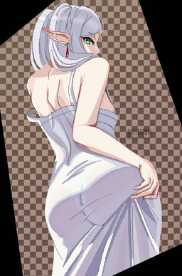 big_butt breasts butt checkered checkered_background clothing ear_piercing eyelashes female green_eyes grey_hair hair humanoid_pointy_ears looking_at_viewer looking_back looking_back_at_viewer nightgown pattern_background piercing pigtails pointy_ears rear_view simple_background small_breasts solo tan_body tan_skin white_nightgown wide_hips shotaalter frieren_beyond_journey's_end frieren elf humanoid digital_media_(artwork) hi_res pixel_(artwork)