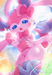 ambiguous_gender anthro blue_eyes fur kemono open_mouth open_smile pink_body pink_fur smile solo white_body white_fur deaic nintendo pokemon eeveelution generation_6_pokemon pokemon_(species) sylveon 2023 hi_res