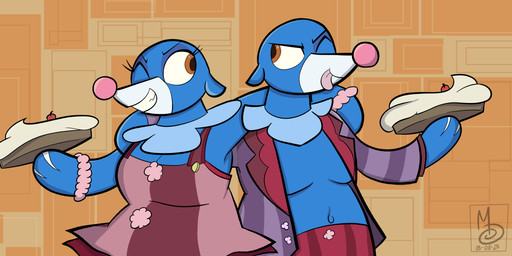 anthro belly big_belly big_breasts blue_body bottomwear breasts brown_eyes clothed clothing clown clown_costume dessert dress duo female food handwear legwear male male/female moobs navel one_eye_closed open_clothing open_mouth open_shirt open_topwear overall_dress overweight overweight_anthro overweight_female overweight_male pastry pattern_clothing pattern_legwear pie pie_(food) pom_poms shirt simple_background smile smiling_at_another smiling_at_partner standing striped_clothing stripes teeth thick_thighs tongue tongue_out topwear wink winking_at_partner sebaku nintendo pokemon generation_7_pokemon mammal marine pokemon_(species) popplio absurd_res digital_media_(artwork) hi_res