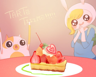 backpack blonde_hair breasts cake dessert duo fake_ears fake_rabbit_ears female food fruit fur hair happy heart_eyes heart_symbol open_mouth plant small_breasts smile text tongue tongue_out white_body white_fur yellow_body yellow_fur maruhachi adventure_time cartoon_network fionna_and_cake_(franchise) cake_the_cat fionna_the_human domestic_cat felid feline felis human mammal english_text hi_res sibling_(lore) sister_(lore) sisters_(lore)