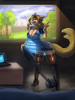 anthro big_breasts blonde_hair blue_clothing blue_eyes boots breasts clothed clothing computer day electric_fan electronics female footwear genitals hair high_heeled_boots high_heels inside laptop legwear looking_up no_underwear open_mouth pattern_clothing shoes smile solo standing striped_clothing stripes thigh_highs tongue tongue_out vulva window general-irrelevant cheese_quesadilla felid mammal 3:4 digital_media_(artwork) hi_res