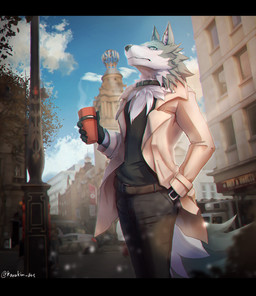 anthro beverage black_bars blue_body blue_eyes blue_fur blue_hair clothed clothing collar fur hair male solo karukim brand_new_animal studio_trigger shirou_ogami canid canine canis mammal wolf 2020 digital_media_(artwork) hi_res letterbox