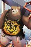 anthro belly brown_body brown_fur clothing facial_scar fur jewelry male missing_eye musclegut muscular necklace overweight ranged_weapon rocket_launcher scar shirt solo tank_top topwear weapon kt0414143919 mihoyo zenless_zone_zero ben_bigger bear mammal hi_res