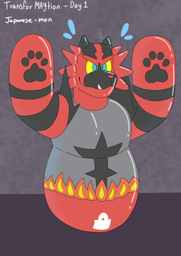 after_transformation anthro bopper_doll inanimate_transformation inflatable inflatable_toy lock_symbol male permanent_smile solo transformation deskhyena nintendo pokemon felid generation_7_pokemon incineroar mammal pantherine pokemon_(species) tiger absurd_res hi_res