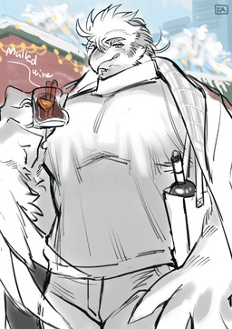 alcohol bag beak beverage blush clothing container cup glass glass_container glass_cup hair large_chest licking licking_lips male mulled_wine solo sweater tongue tongue_out topwear turtleneck winter 1boshi lifewonders tokyo_afterschool_summoners thunderbird_(tas) accipitrid accipitriform avian bald_eagle bird eagle sea_eagle