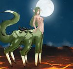 6_legs 8_limbs big_tail blue_eyes breasts curvy_figure female fur green_body green_fur green_hair hair hexapodal hooves hourglass_figure humanoid_pointy_ears lava long_hair looking_at_viewer medium_breasts moon navel night nipples nude one_eye_obstructed pointy_ears ribs slim small_waist solo spikes star stinger tail thick_tail syvaron mammal mammal_taur taur hi_res