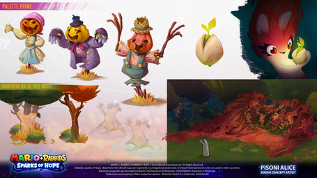 ambiguous_anthro ambiguous_gender anthro black_top_hat blue_clothing blue_overalls clothing coat copyright_symbol dress duo eyelashes female female_anthro forest fur grass hair headgear headkerchief headwear holding_object holding_seed jack-o'-lantern kerchief leaf leaf_hair light limbless long_ears mitten_hands no_pupils noseless outside overalls pink_clothing pink_shirt pink_topwear plant plant_hair pseudo_hair purple_clothing purple_coat purple_headkerchief purple_kerchief purple_topwear red_eyes red_hair scarecrow seed shirt shrub standing symbol tan_inner_ear text title topwear tree white_body white_fur year yellow_clothing yellow_dress alice_pisoni mario_plus_rabbids_sparks_of_hope nintendo raving_rabbids rayman_(series) ubisoft dryad_(mario_plus_rabbids) dryad hybrid lagomorph mammal rabbid 16:9 2023 4k absurd_res adobe_photoshop_(artwork) artist_name colored concept_art digital_drawing_(artwork) digital_media_(artwork) english_description english_text hi_res lighting multiple_images official_art shaded widescreen