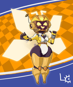 antenna_topper antennae_(anatomy) belt big_butt breasts butt cleavage clothed clothing crystal dark_body engine female glowing glowing_eyes honeycomb machine projection racing_suit screen screen_face solo thick_thighs wide_hips wings yellow_eyes zipper fuzzycogs beeat_(fuzzycogs) arthropod bee humanoid hymenopteran insect robot robot_anthro robot_humanoid absurd_res hi_res