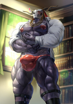 5_fingers abs big_bulge blush bone bulge clothed clothing detailed_bulge exclamation_point fingers footwear garter_belt garter_belt_socks garter_straps head_accessory horn inside male muscular muscular_male muscular_thighs open_clothing open_topwear purple_body red_eyes skull skull_head socks solo standing tight_clothing tight_underwear topwear vein veiny_muscles yukihoshiak the_ancient_magus'_bride elias_ainsworth demon humanoid 2025 absurd_res digital_media_(artwork) hi_res