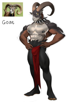 2_horns anthro big_horn black_body black_clothing black_fur black_leggings black_legwear bottomwear brown_body brown_fur bulge clothed clothing collar fur grey_body grey_fur horn leggings legwear loincloth male multicolored_body multicolored_fur muscular muscular_anthro muscular_male red_bottomwear red_clothing red_loincloth solo spiked_collar spikes standing topless topless_anthro topless_male yellow_eyes cxcxxcxxxx bovid caprine goat mammal 2026 absurd_res hi_res