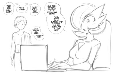 breasts chair clothed clothing computer dialogue duo electronics female furniture laptop male piercing shirtless sitting speech_bubble text saltyxodium nintendo pokemon gardevoir generation_3_pokemon human humanoid mammal pokemon_(species) 2023 absurd_res english_text hi_res monochrome